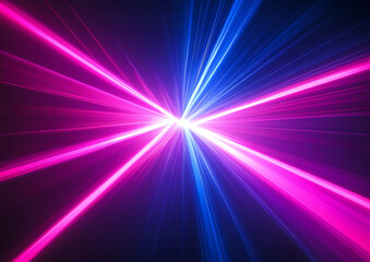 Vibrant laser light show. Converging beams in electric pink and deep blue. Dramatic contrasts and radiant reflections. Horizontal template color gradient, rough retro vibe shine bright light 