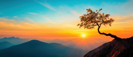 A serene landscape featuring a lone tree silhouetted against a vibrant sunset with mountains in the background and a colorful sky.