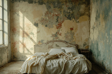 A bed in an abandoned room with peeling paint on the walls