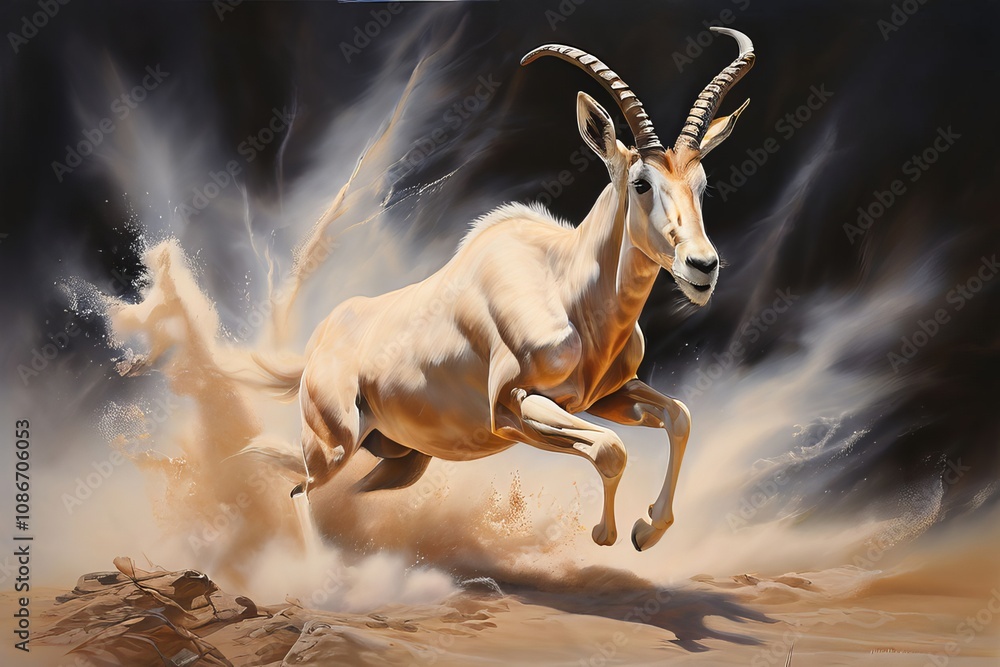 Poster antelopes leap an antelope bounding with an explosion of tan and