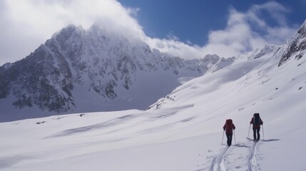 Two Hikers Ascending a Snowy Mountain Pass