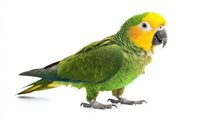 Green Parrot with Yellow Head on White Background