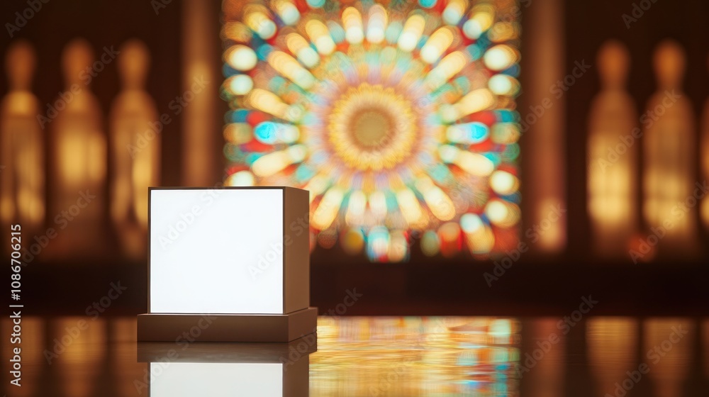 Poster a lit cube in the foreground with a colorful stained glass background.