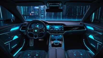 Car Interior with Holographic Displays, Neon Accents, and Cyberpunk Cityscape View&mdash;Advanced Tech and Sleek Design V5