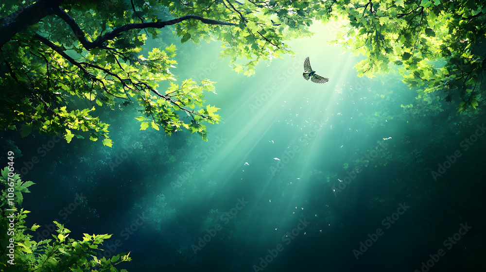 Poster a serene forest scene with sunlight filtering through lush green leaves, creating a tranquil and mag