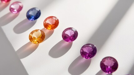 A Colorful Array of Faceted Gemstones Casting Shadows on a Polished Surface in Soft Natural Light for Decorative and Creative Projects
