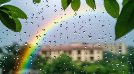 Fototapeta premium A vibrant rainbow appears over a blurred building, framed by raindrops on leaves.