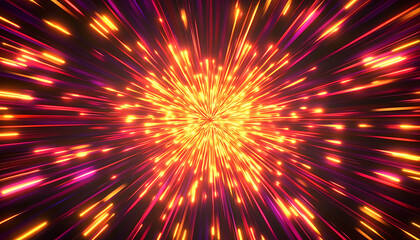 Colorful neon explosion. Radiating rays of orange and red from a central point. Abstract shapes resembling fireworks. Horizontal element for festive party, seminar talks, social media post 