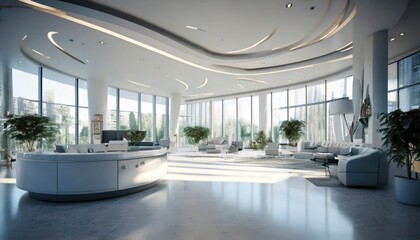  A sleek lobby of a corporate office building with a reception desk and seating area. 