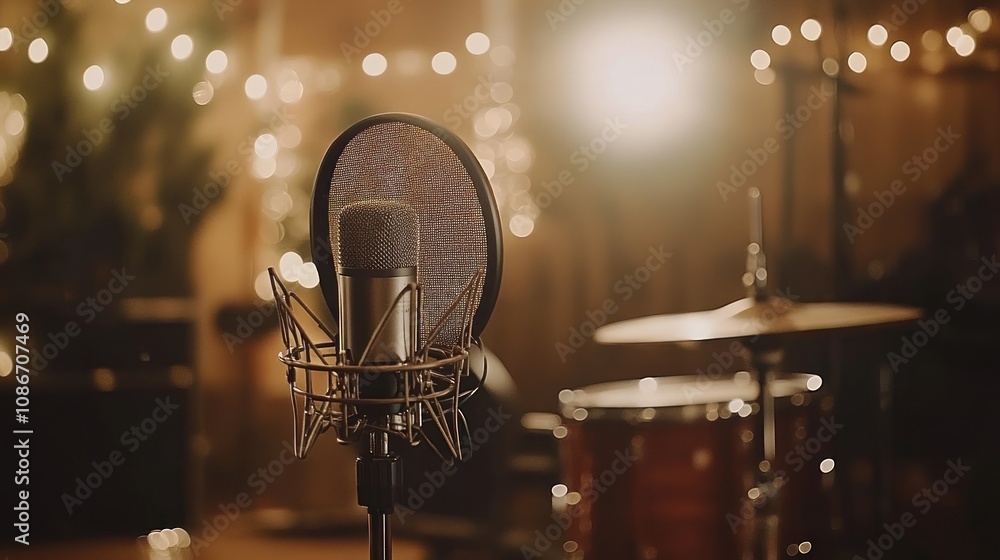 Poster a microphone stands in a cozy music studio, with soft lights and a drum set in the background.