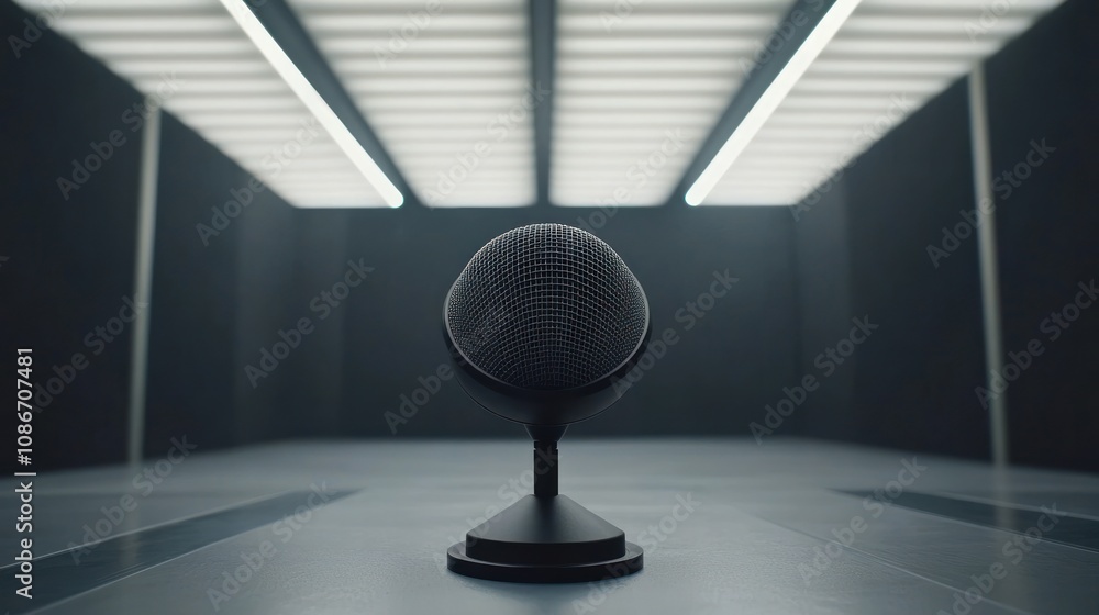 Poster a microphone stands in a minimalist studio setting, emphasizing sound and recording.