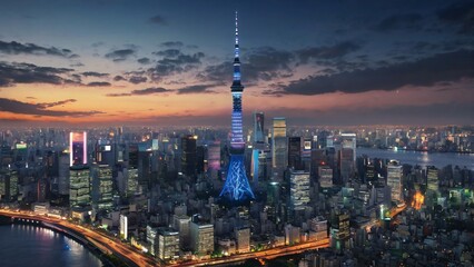 Obraz premium Futuristic Dubai Skyline with Glowing Digital Networks, and Dynamic Light Trails at Sunset V2