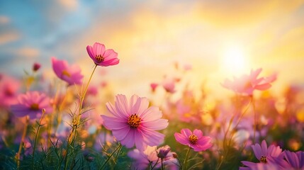 Fototapeta premium A serene field of vibrant wildflowers in full bloom, with a clear blue sky and soft sunlight casting gentle shadows across the landscape