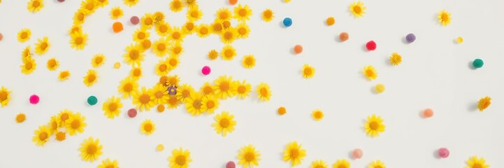 A field of sunshine-yellow flowers scattered with multicolored pom-poms on a clean white or cream-colored background, sunflowers yellow, nature-inspired art, garden decor