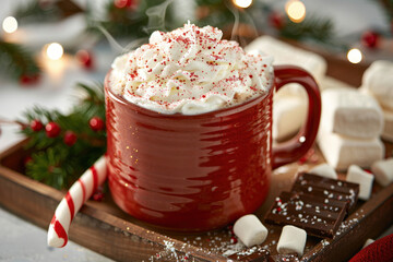 A festive red mug filled with steaming hot cocoa, topped with whipped cream and red sprinkles, surrounded by marshmallows, candy canes, and chocolate pieces.
