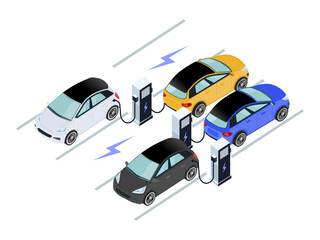 Fast Charging Isometric Illustration of Electric Sedan and Hatchback Car at EV Station: Modern Battery-Powered Vehicles. Vector.