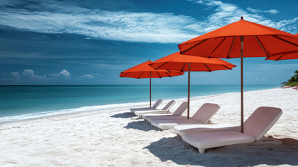 Relaxing summer beach with red umbrellas and white sand waves under blue sky