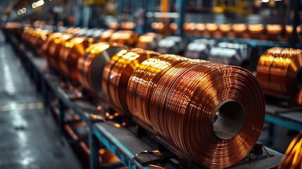 Fototapeta premium A close-up view of copper wire spools in a factory setting, showcasing the vibrant metallic coils arranged on production lines.