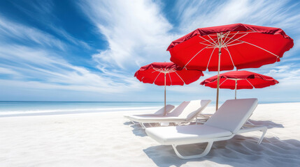Serene beach scene with red umbrellas and white lounge chairs under blue sky