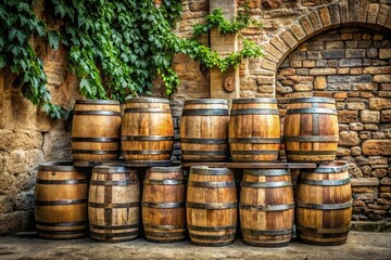 Aged wooden barrels stacked in a row against a rustic stone wall, with vines crawling up the brick facade, wine barrels, rustic decor