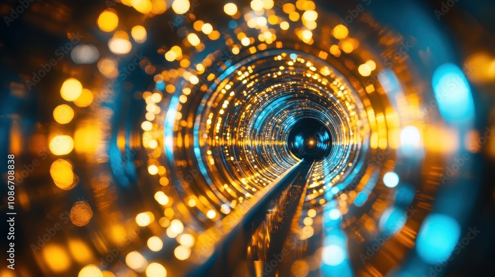 Poster a mesmerizing view of a glowing tunnel filled with vibrant lights, creating a sense of depth and mot