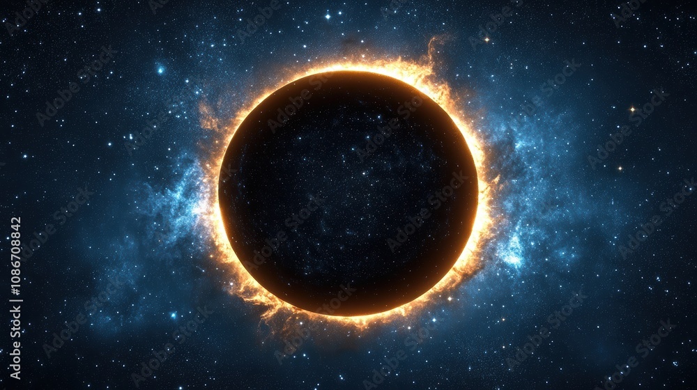 Poster a stunning cosmic view of a solar eclipse, featuring a dark circle surrounded by a fiery halo agains