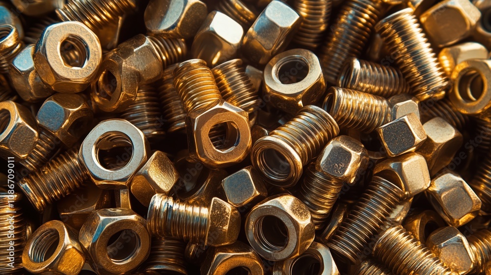 Aufkleber a close-up view of a pile of shiny brass nuts, showcasing their hexagonal shapes and threaded design