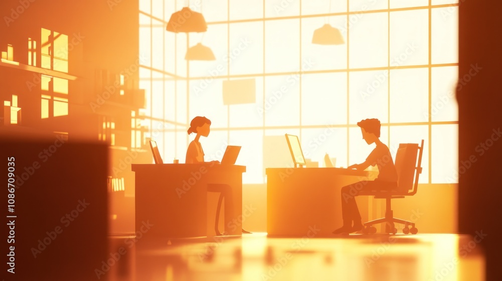 Poster Two individuals working in a warmly lit office setting with computers.