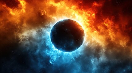 Obraz premium A dramatic cosmic scene featuring a dark planet surrounded by swirling clouds of vibrant blue and fiery orange hues.