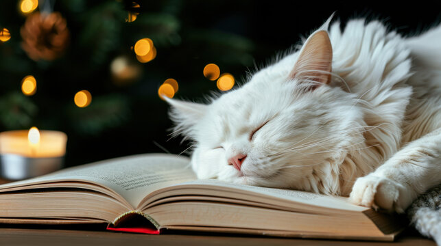National Cat Lover"s Month. A white Persian cat peacefully sleeping on an open book, with soft bokeh lights and a lit candle creating a warm and magical ambiance.