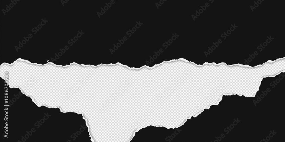Poster black piece of paper with torn edges and soft shadow are on transparent background for text or ad.