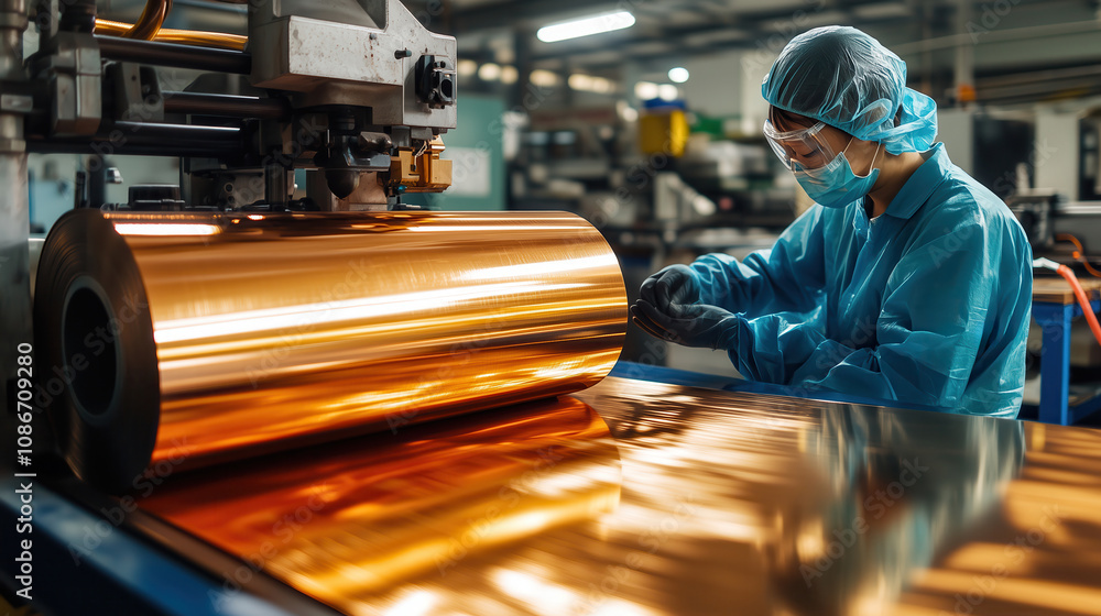 Poster worker inspecting shiny copper roll process. factory worker closely inspecting machinery processing 