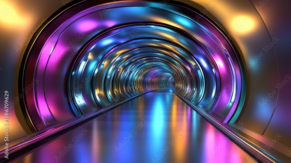 Poster a vibrant, futuristic tunnel illuminated with colorful lights, creating a dynamic and immersive visu