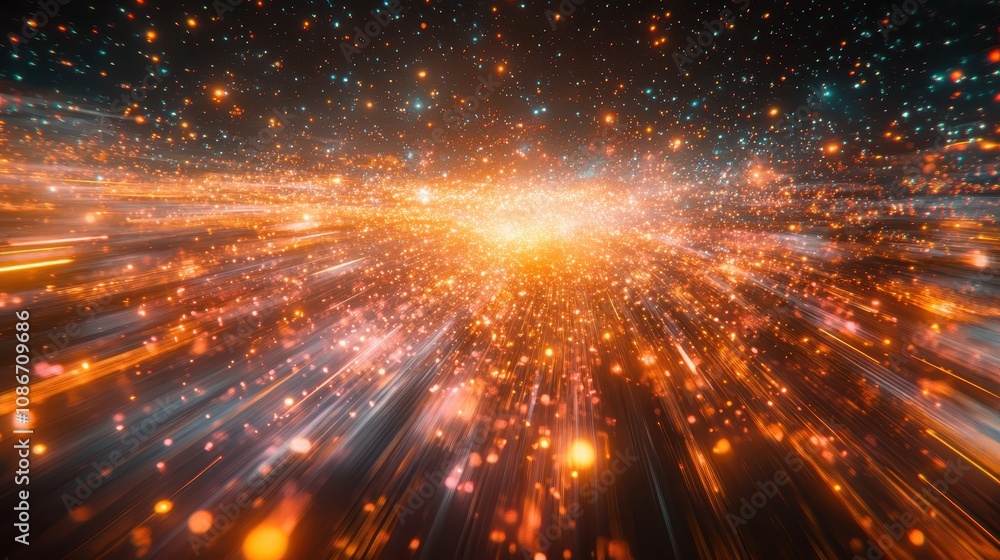 Poster a vibrant burst of light and energy, depicting a cosmic scene filled with sparkling particles that c