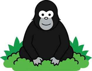 A gorilla sitting in a rainfor clearing on a white background.