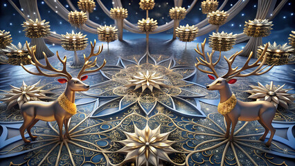 Fototapeta premium Gold reindeer in ornate winter wonderland scene.