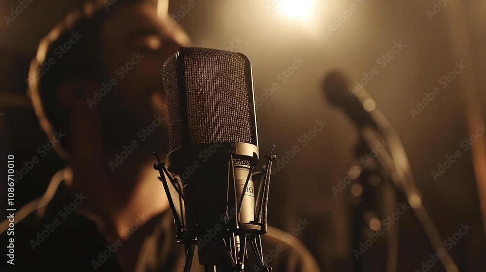 Poster a close-up of a microphone with a singer in the background, creating a musical atmosphere.