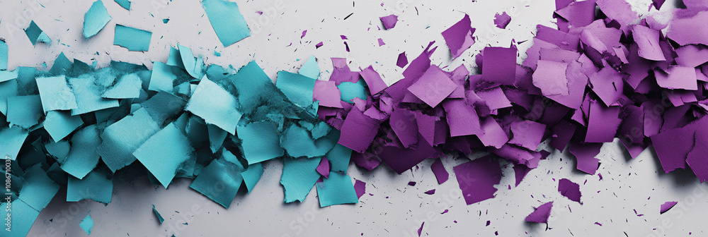 Poster purple and teal torn voting ballots scattering in the wind, each color representing a different poli