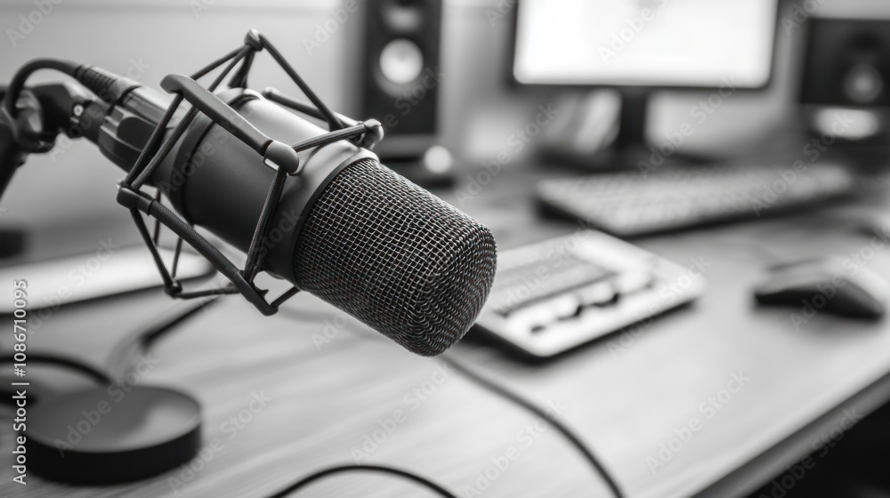 Poster A close-up of a microphone on a desk with a computer setup in the background.