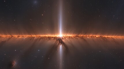 A stunning cosmic image showcases a bright light piercing through a dense cosmic dust disk, surrounded by stars and a vast starry background.