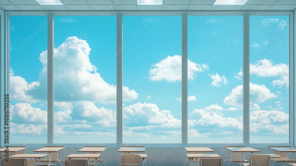 Poster A classroom with empty desks and large windows showcasing a bright sky and fluffy clouds.
