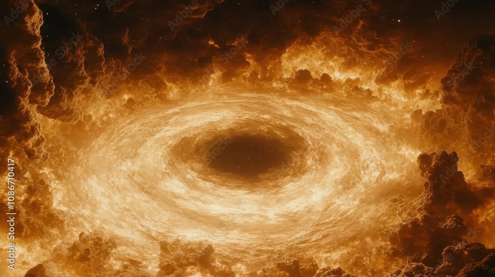 Poster a vivid depiction of a swirling, fiery vortex in space, creating an intense celestial scene with bri