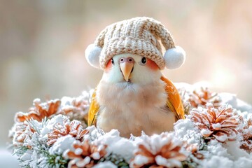 Obraz premium Pet winter accessories concept with hat. A cute bird wearing a knitted hat sits amidst snowy decorations and pine cones, capturing a whimsical winter scene