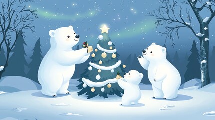 Fototapeta premium Adorable cartoon polar bear family decorating Christmas tree in snowy forest, twinkling stars, northern lights, pastel color palette, kawaii style