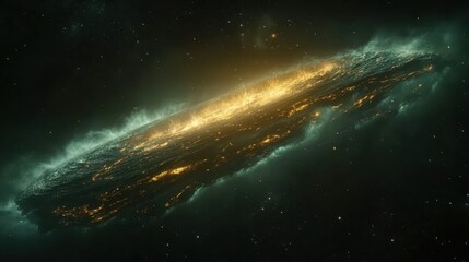 Fototapeta premium A stunning cosmic image of a glowing galaxy, featuring a bright central band of light surrounded by swirling clouds of gas and stars.