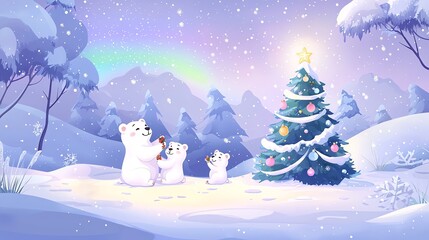 Adorable cartoon polar bear family decorating Christmas tree in snowy forest, twinkling stars, northern lights, pastel color palette, kawaii style