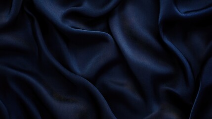 Obraz premium Elegant dark blue satin fabric draped gracefully, displaying soft waves and subtle sheen.