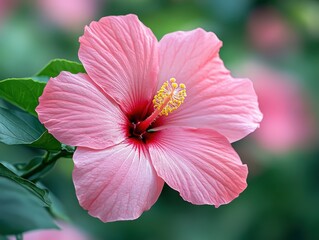 A stunning pink hibiscus flower showcases vibrant petals and delicate details, perfect for nature and floral photography.