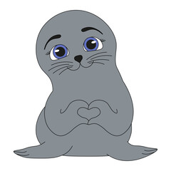 Adorable flat Navy Seal isolated white background. Cute Sea Seal template design can used clothes fabric decor. Navy Seal with heart-shaped flippers. Vector illustration.