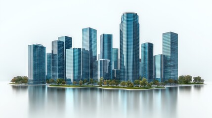 Modern skyscrapers of a smart city, futuristic financial district, graphic perspective of buildings and reflections - Architectural blue background for corporate and business brochure template